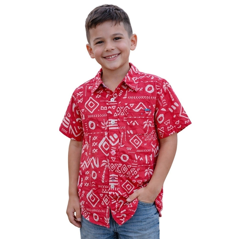 Tommy Bahama Boys Hawaiian Shirt Size 10/12 Fucsia Tropical Print Button Up
